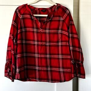 Talbots plaid lightweight tie sleeve blouse